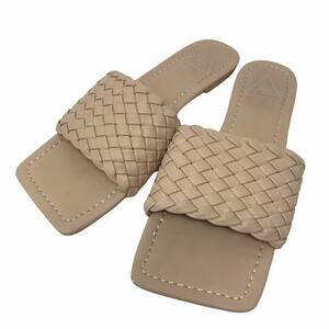 St. Sana Women's Emy Woven Slide Sandals 8 Square Toe Faux Leather Nude NWD NIB